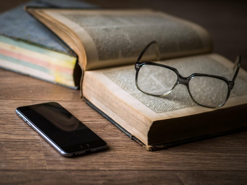 glasses, book, phone, iphone, smartphone, mobile phone, cellphone, eyeglasses, spectacles, reading glasses, open book, pages, read, knowledge, information, novel, book, book, book, book, book, phone, iphone, knowledge